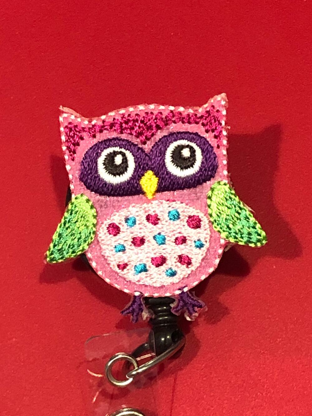 Pink Owl ID Badge Holder with Swivel Clip and Retractable Lanyard